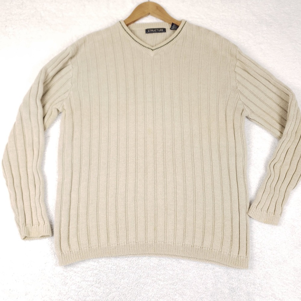 VTG Structure Sweater Mens Small Tan Beige V-Neck Ribbed Knit Ramie Cotton 90s